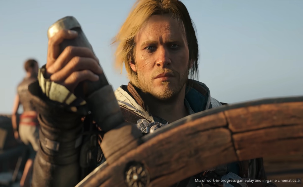 Man holding rope on wooden boat in Assassin's Creed Black Flag gameplay scene