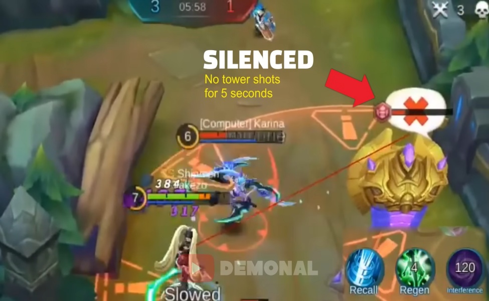 Mobile Legends player silenced with Retribution battle spell cooldown timer showing no tower shots