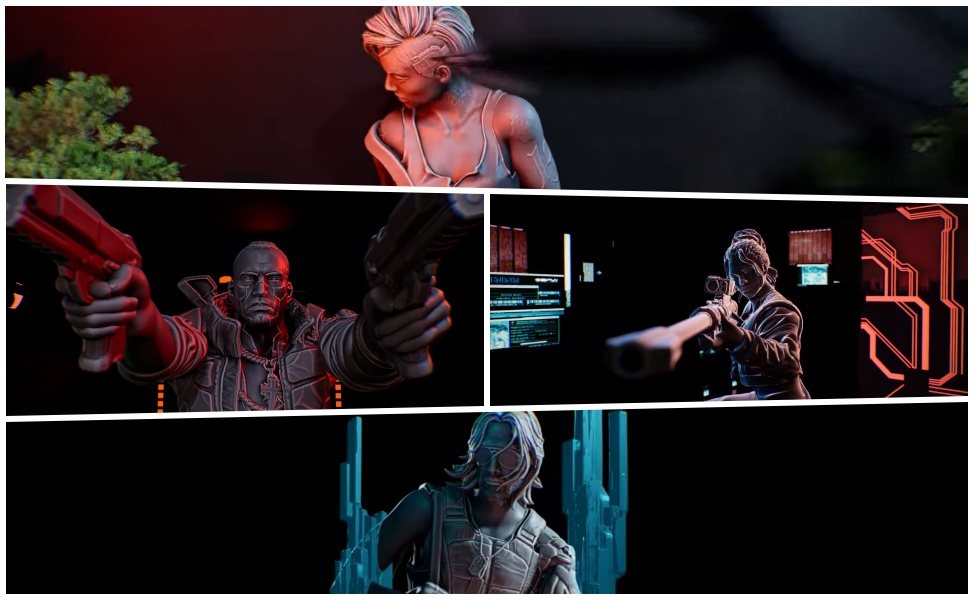 Multiple characters from Cyberpunk 2077 board game in tactical combat scenes with neon lighting