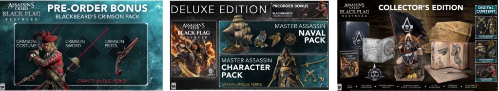 Assassin's Creed Black Flag Resynced edition comparison showing pre-order, deluxe