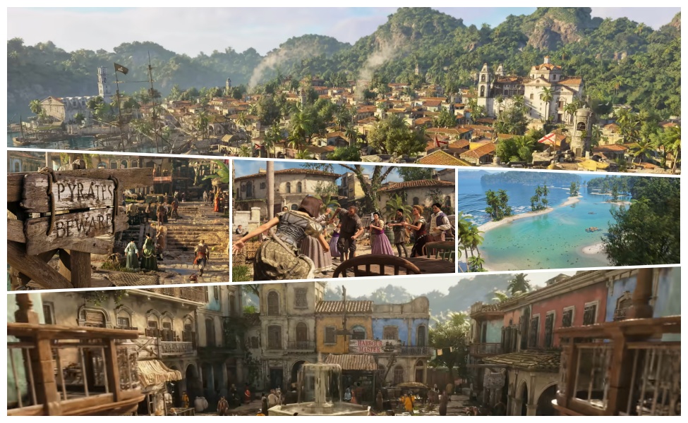 Assassin's Creed Black Flag gameplay scenes showing pirate port town, beach island
