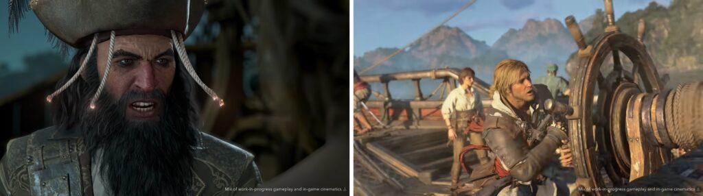 Assassin's Creed Black Flag Resynced gameplay showing pirate captain character on ship deck