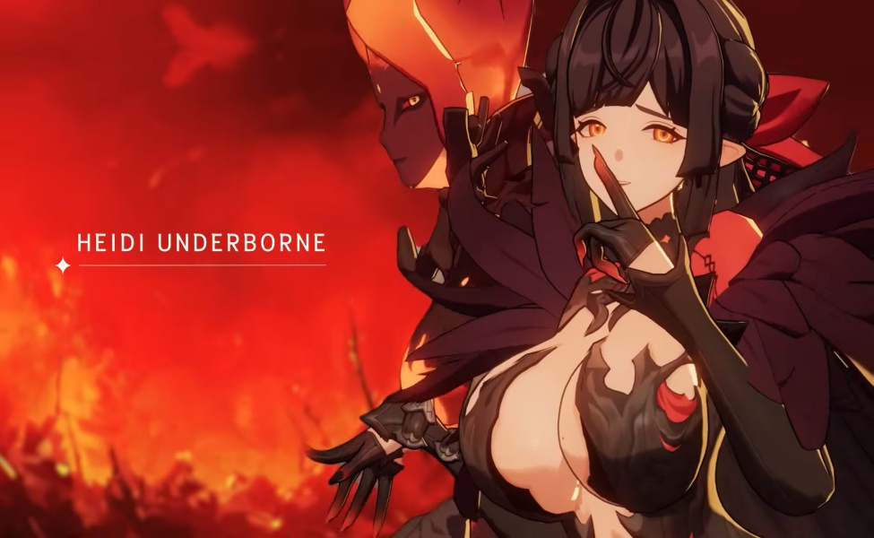 Heidi Underborne fire element character from Star Sailors in dark outfit against flaming background