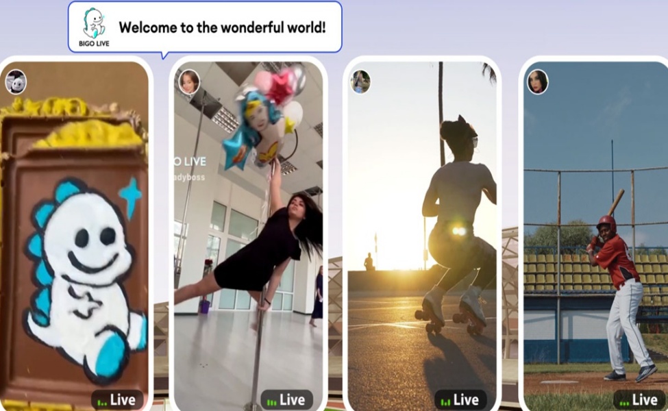 Bigo Live streaming platform showcase with four live broadcasters performing various activities