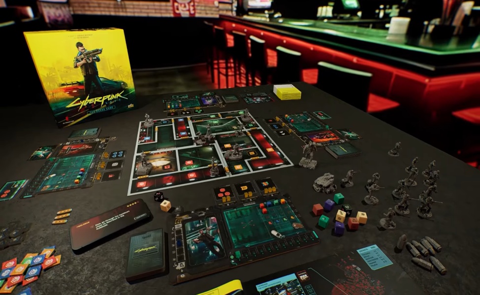 Cyberpunk 2077 board game laid out with miniatures, cards, dice, and game components on table