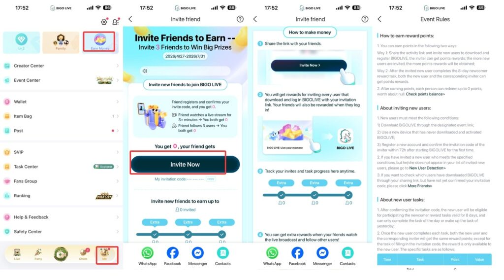 Bigo Live Earn Money referral program interface showing invitation rewards and earning mechanics