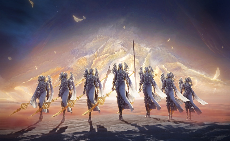 Celestial warrior figures in golden armor standing in formation beneath radiant clouds in Elden