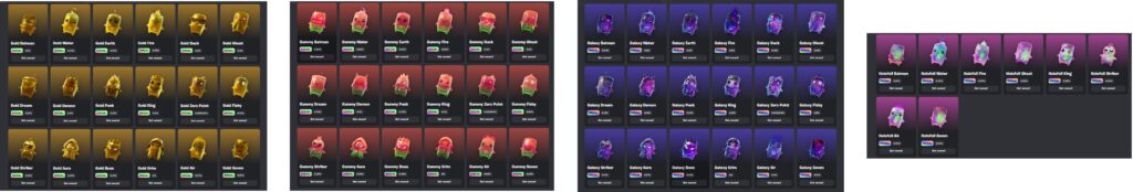 Fortnite Sprites rarity variants and levels displayed in gold, red, purple and iridescent color
