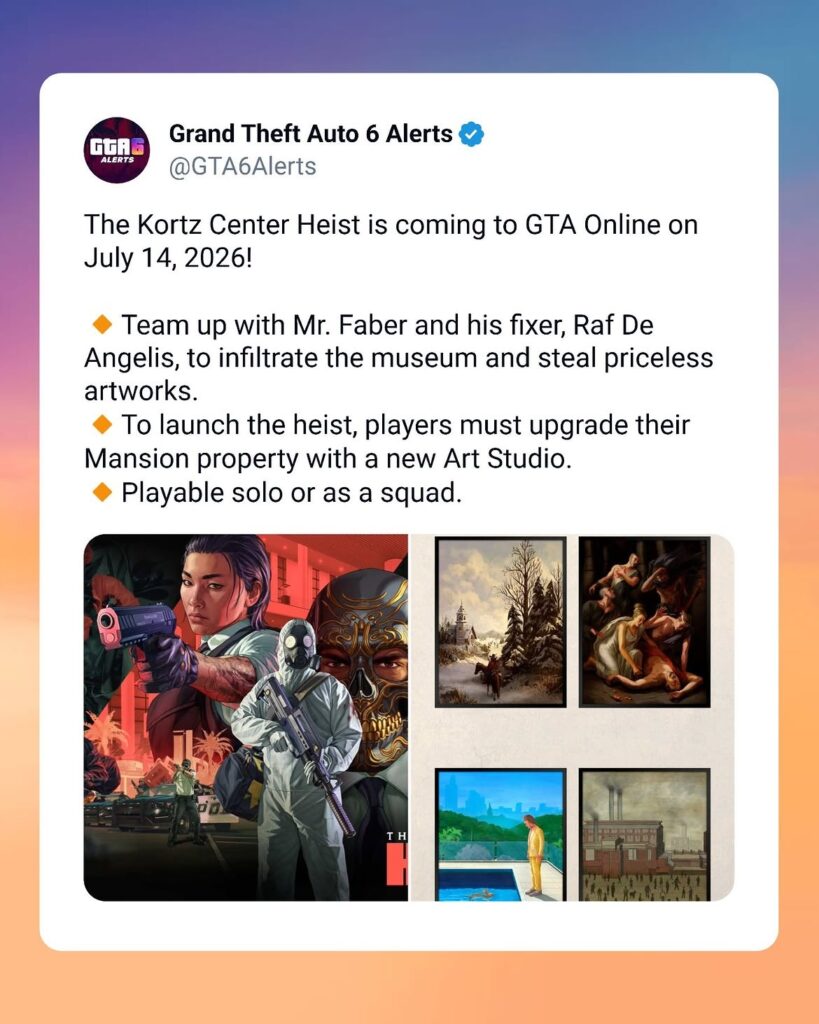 GTA Online Kortz Center Heist announcement with gameplay and artwork previews launching July 14