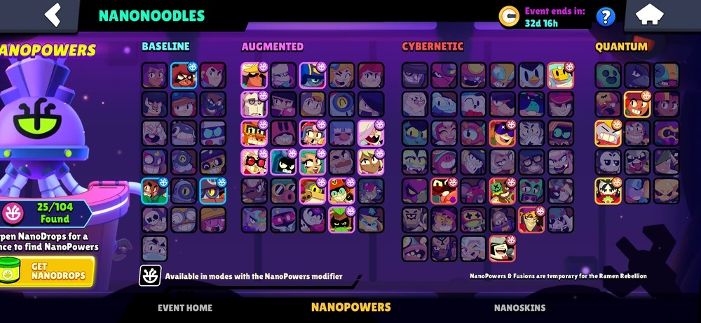 Brawl Stars NanoPowers collection menu showing baseline, augmented, cybernetic and quantum power
