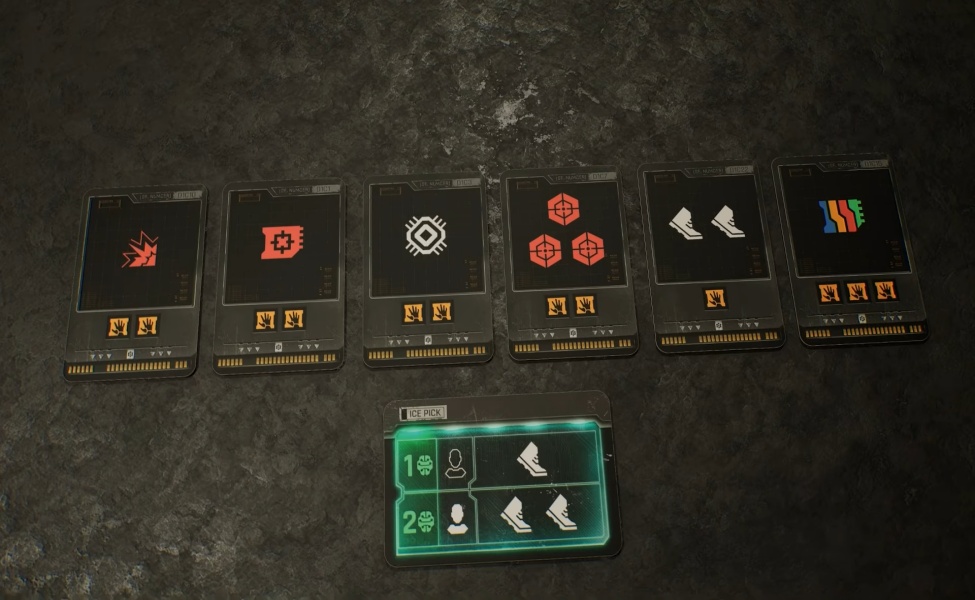 Cyberpunk 2077 board game cards displaying stealth and netrunning abilities with tactical icons