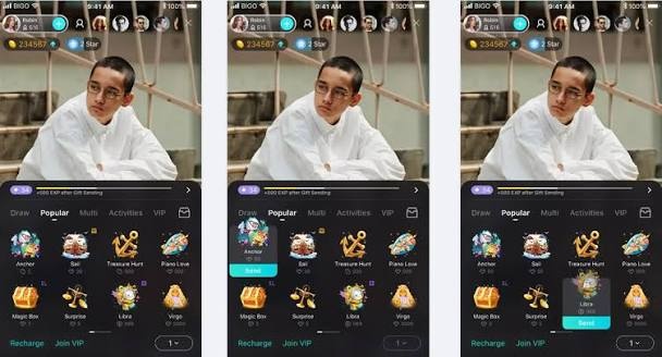 Bigo Live streamer receiving virtual gifts and beans in gift shop interface