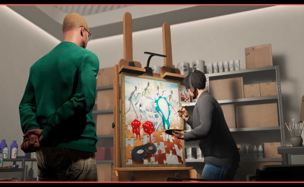 Two people painting artwork in an art studio with supplies on shelves