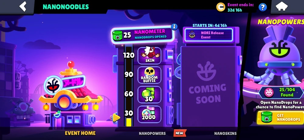 Brawl Stars NanoPowers event interface showing NanoDrops meter and upcoming NanoPower rewards