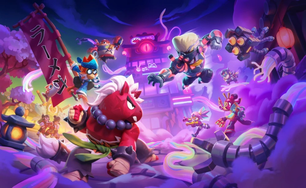 Colorful Brawl Stars characters in action during Ramen Rebellion event with neon purple and pink