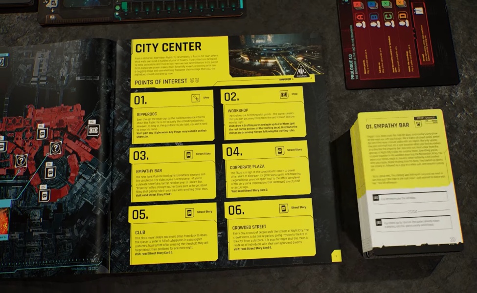 Cyberpunk 2077 board game Night City location cards and game components displayed on table