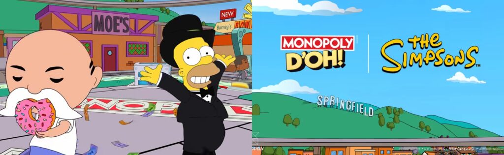 Monopoly D'OH The Simpsons promotional banner featuring Homer and a character in formal wear