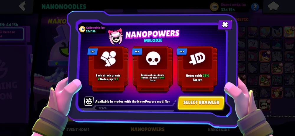 Brawl Stars NanoPowers Melodie event screen showing three power-up options with effects