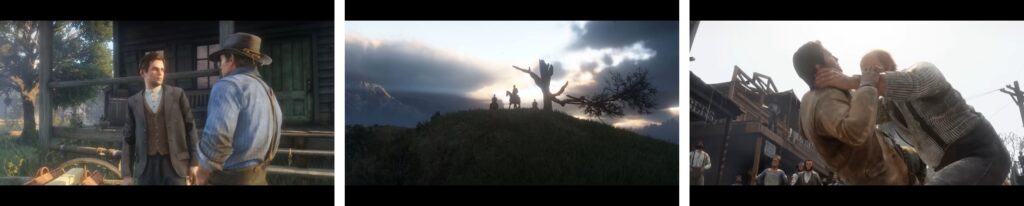 Red Dead Redemption 2 gameplay scenes showing character interactions and wilderness landscape
