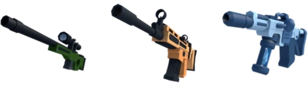 Three pixel-style weapons from Roblox Rivals including sniper rifle, assault rifle and shotgun