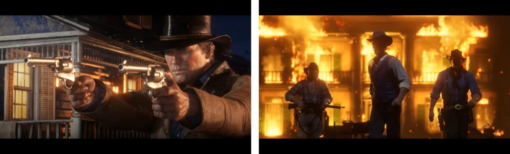 Man in cowboy hat dual-wielding revolvers outside burning building at night