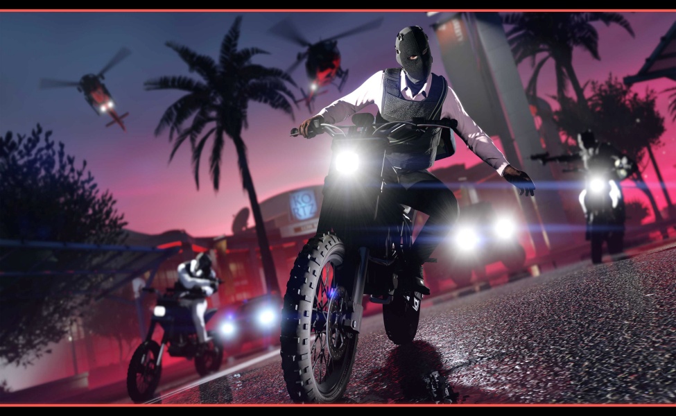 Character on motorcycle with headlights in neon-lit GTA Online street scene at dusk