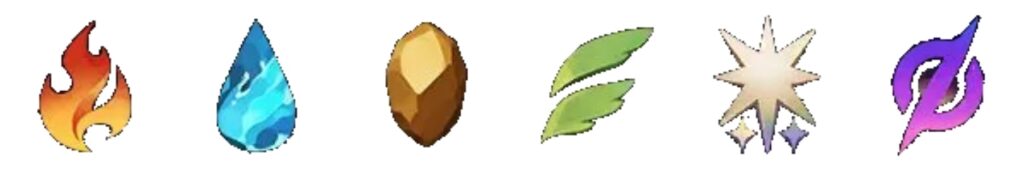 Six Star Sailors elements icons including Fire, Water, Earth, Wind, Light, and Dark types