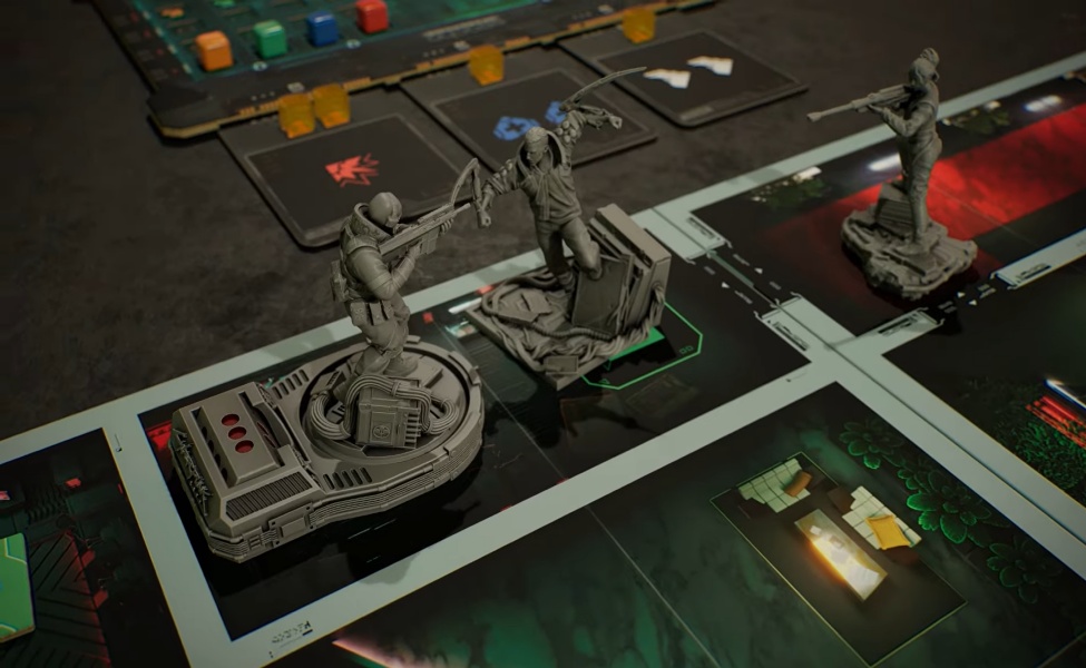 Cyberpunk 2077 board game with miniature figures and game tiles on tactical board layout