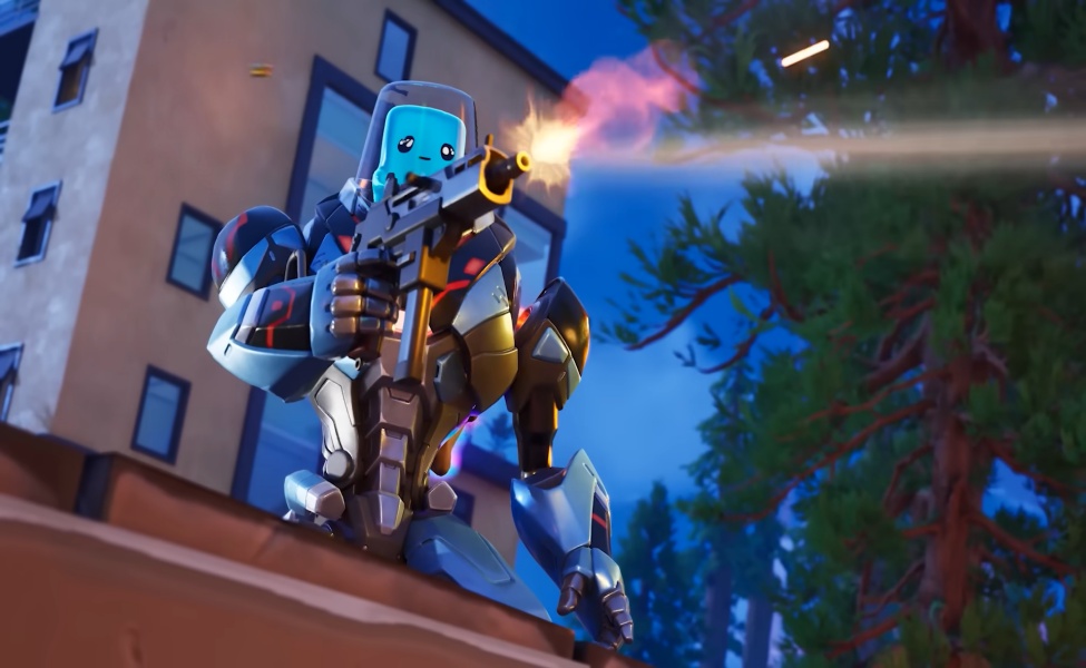 Animated robot character firing weapon with glowing effects on urban rooftop at dusk