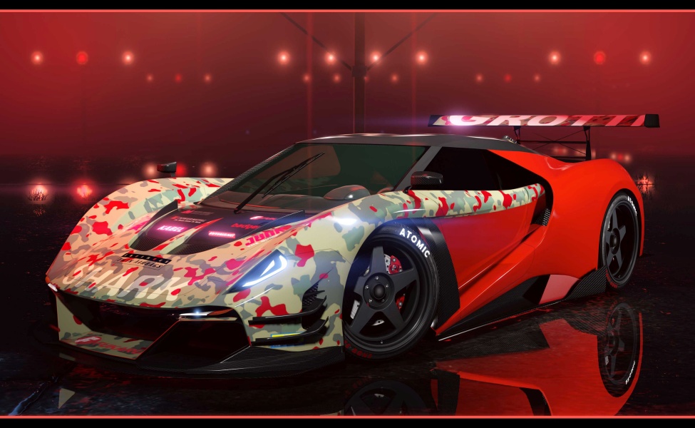 Red sports car with camouflage wrap and racing wing in GTA Online garage setting