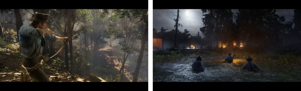 Arthur Morgan with bow and arrow in forested wilderness, Red Dead Redemption 2