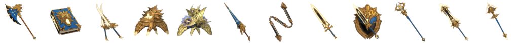 SS tier Breath of Glory weapons series including axes, staffs, and spears with gold and blue designs