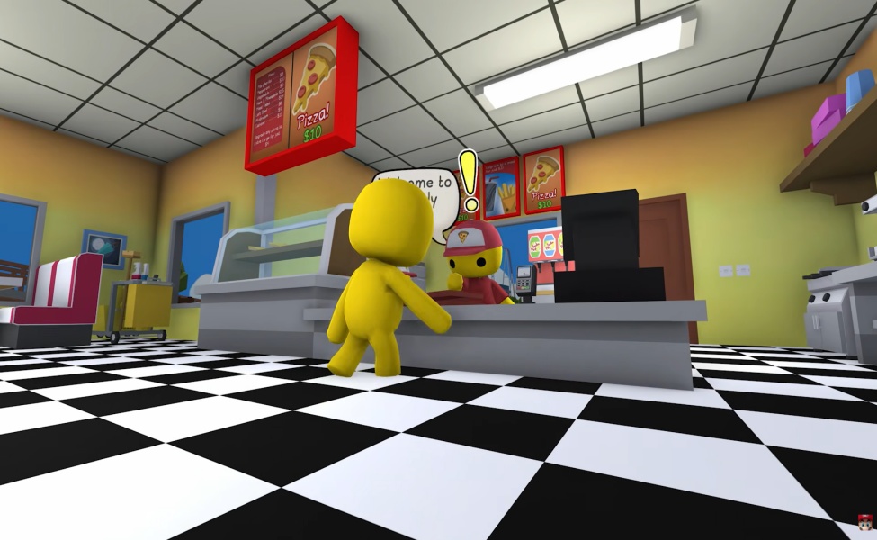 Yellow character at pizza restaurant counter with employee in casual game setting