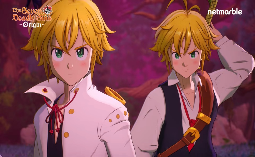 Two anime characters with golden hair in pink and purple outfits from The Seven Deadly Sins Origin