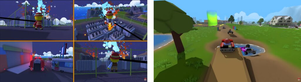 Colorful racing karts on dirt track with green landscape and vehicles competing in game environment