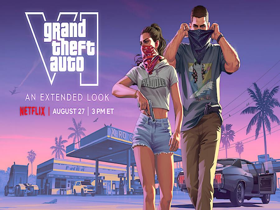 GTA 6 promotional image showing two characters in front of a gas station at sunset
