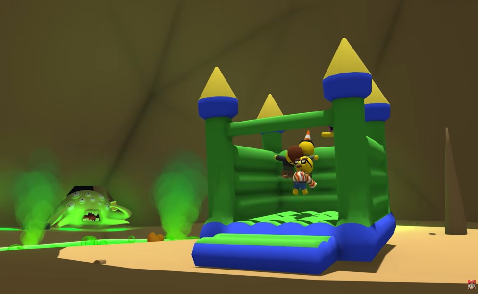Colorful inflatable bounce castle with green walls, yellow turrets, and blue trim in animated game