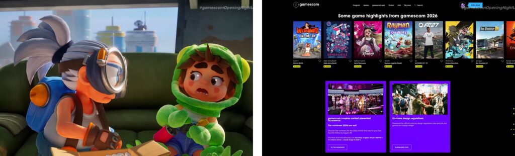 Animated characters from Gamescom 2026 Opening Night Live presentation on stage