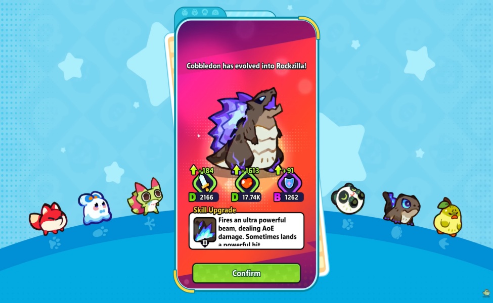 Clash of Critters evolution screen showing Cobbledon evolving into Rockzilla with stat increases and skill