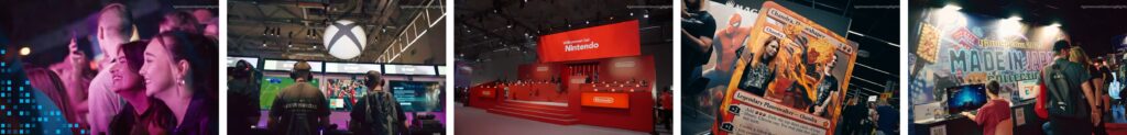 Gamescom show floor with Nintendo booth and gaming exhibition displays