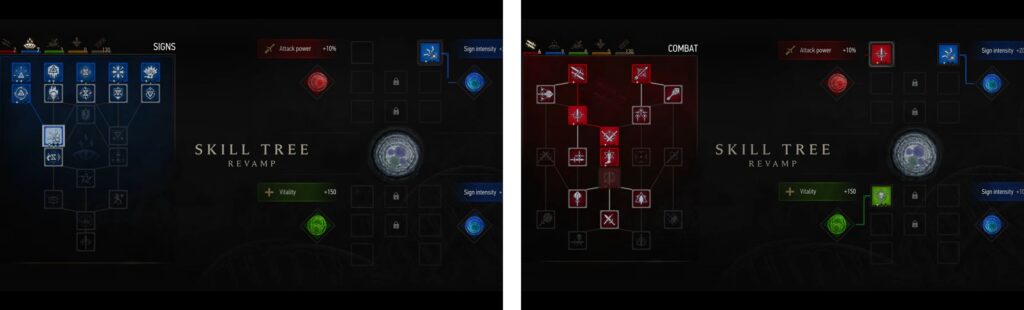 Skill tree revamp comparison showing Signs and Combat trees with updated node layouts and bonuses