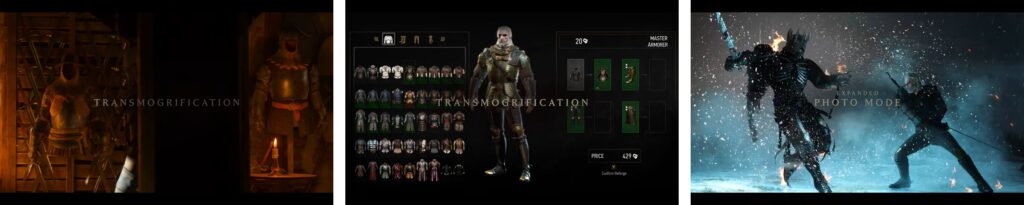 Transmogrification and photo mode features from The Witcher game, showing character customization