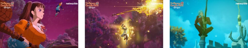 The Seven Deadly Sins Origin game characters in combat with golden light effects