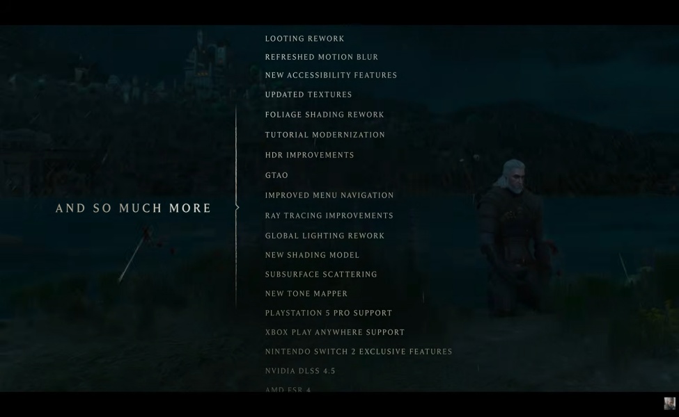 The Witcher 3 Remastered features list showing graphics and gameplay improvements