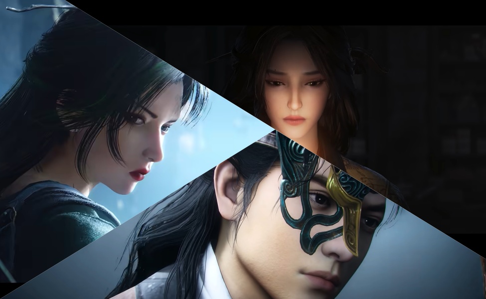 Three ethereal female characters with long dark hair in mystical warrior attire and masks against