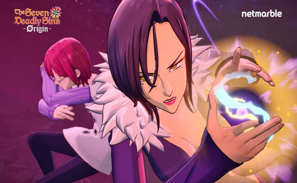 Anime character with dark hair wielding purple magical energy in Seven Deadly Sins Origin game