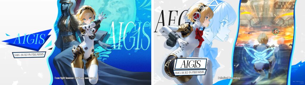 Aigis character showcase from Nikke with built-in firearms and combat abilities