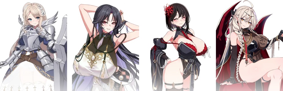 Four anime female characters in fantasy warrior and mage outfits with weapons