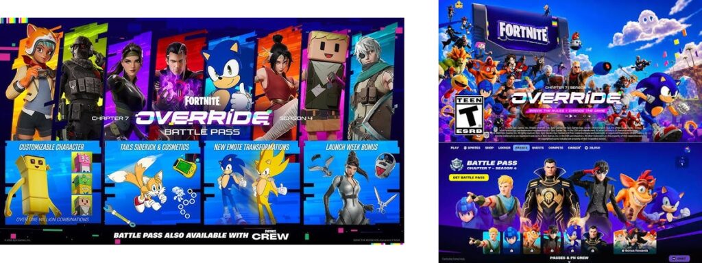 Fortnite Chapter 7 Season 4 Override Battle Pass featuring character skins and cosmetics
