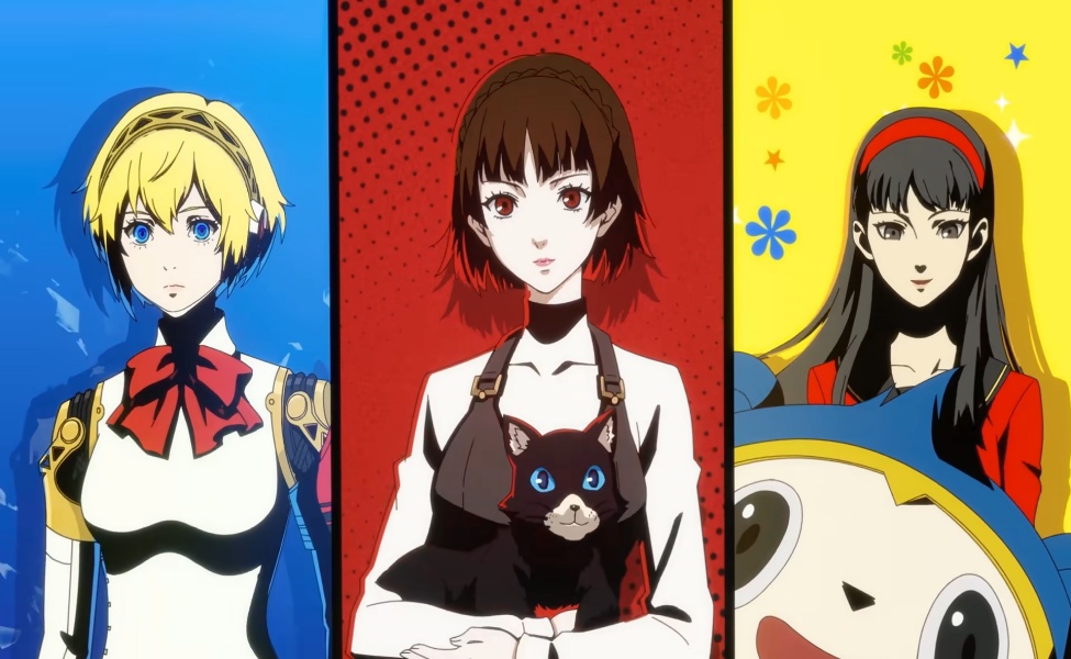 Three anime characters from Nikke x Persona collaboration with colored backgrounds and game UI